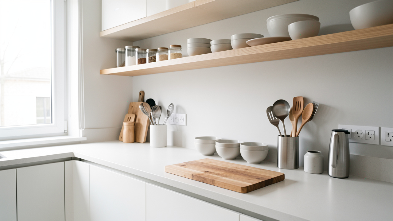 Plan de travail de cuisine moderne, propre et lumineux, avec une planche en bois, des ustensiles bien rangés et des étagères murales organisées.