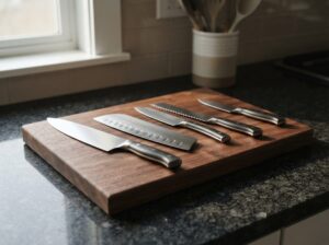Set de couteaux de cuisine disposé sur un plan de travail avec ses différents modèles.